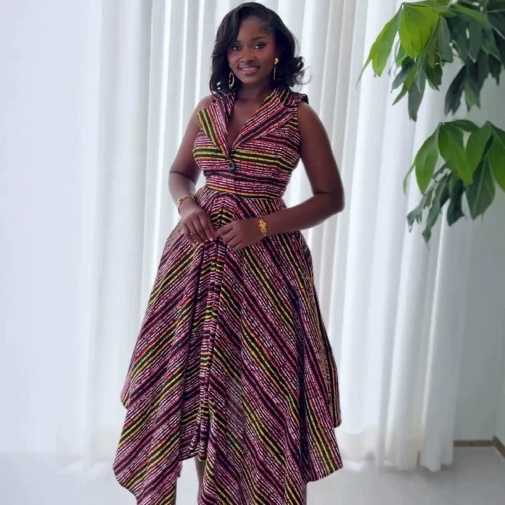 African Chic Notch Collar Striped Print High Waist Asymmetric Long Dress